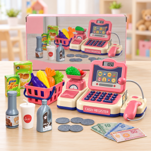 Set de caja registradora infantil con escáner, báscula, canasta, alimentos y dinero de juguete, ideal para jugar al supermercado. Venta por mayoreo