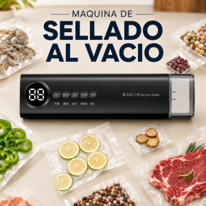Máquina de sellado al vacío con panel digital, ideal para conservar y organizar alimentos. Venta por mayoreo