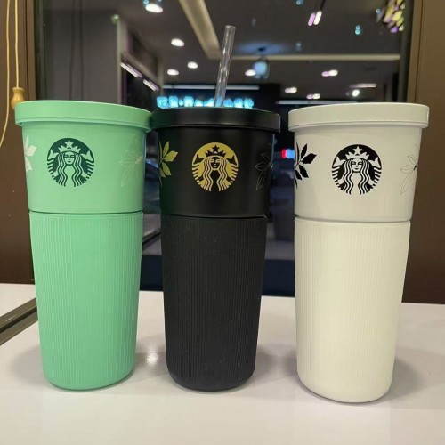 Vaso térmico tipo Starbucks con tapa hermética y caja individual, diseño estriado, colores negro, blanco y verde menta, venta al por mayor HG-2024