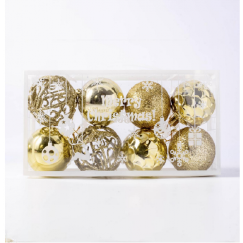 Set de 8 esferas navideñas color dorado. Decoración elegante y resistente para árboles de Navidad. Venta por mayoreo HG24085