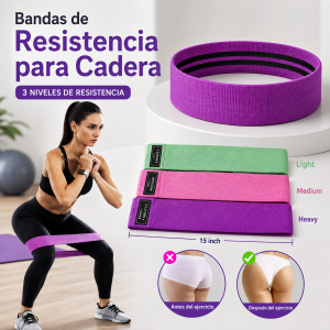Bandas de resistencia para cadera en 3 niveles, ideales para ejercicios de piernas y glúteos. Venta por mayoreo