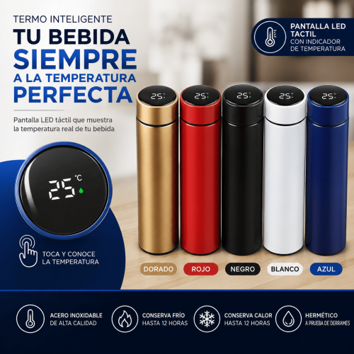 Termo Liso con lector de temperatura digital 500ml, colores variados engro, rosa, blanco y azul. por Mayoreo HJ-155