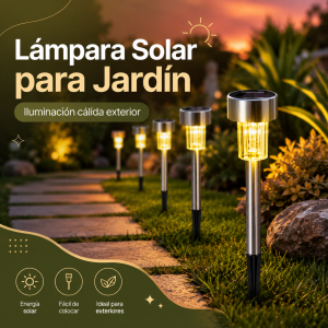 Lámpara solar para exterior con luz cálida y punta para colocar en jardín, senderos y áreas decorativas. Venta por mayoreo