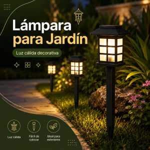 Lámpara decorativa para jardín con diseño de farol, luz cálida y estaca para colocar en tierra. Venta por mayoreo
