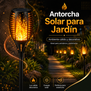 Antorcha solar decorativa con luz cálida tipo llama y estaca para colocar en jardines, senderos y áreas exteriores. Venta al por mayor