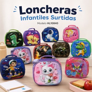 Lonchera infantil surtida con diseños coloridos. Ideal para lunch escolar. Modelo HL10840. Venta por mayoreo