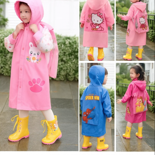 Impermeable para niños con diseños de personajes con compartimento trasero para proteger la mochila de la lluvia. Venta por mayoreo HT-1005