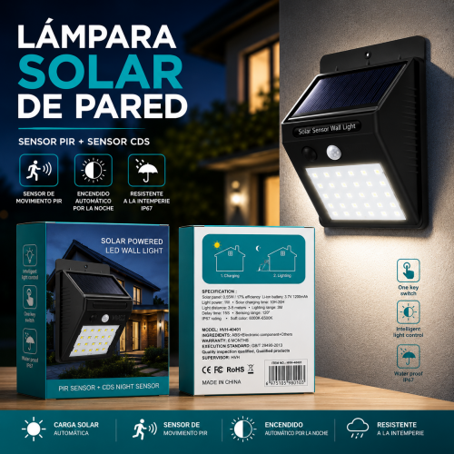Lámpara solar de pared con sensor PIR y sensor nocturno CDS, panel solar integrado, luz LED y control mediante botón. Diseño para iluminación exterior. Venta por mayoreo