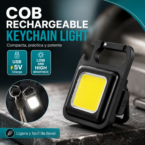 Lámpara llavero recargable con luz COB, carga USB 5V y niveles de brillo bajo y alto. Ideal para iluminación portátil y uso cotidiano. Venta por mayoreo