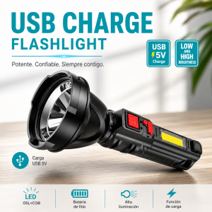 Linterna recargable por USB con luz LED y distintos niveles de iluminación. Ideal para emergencias, hogar, trabajo y actividades al aire libre. Venta por mayoreo