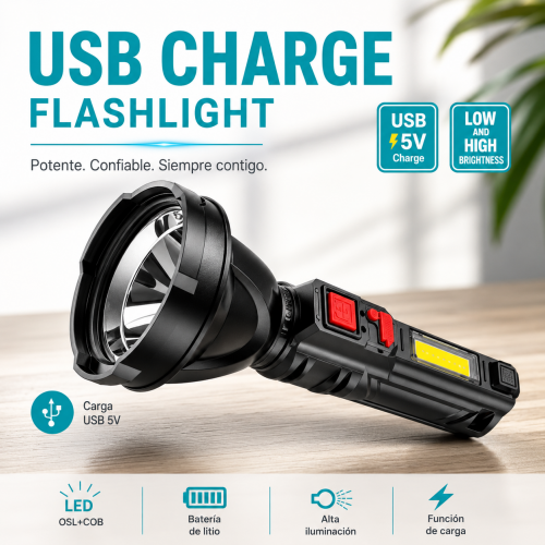 Linterna recargable por USB con luz LED y distintos niveles de iluminación. Ideal para emergencias, hogar, trabajo y actividades al aire libre. Venta por mayoreo Linterna recargable por USB con luz LED y distintos niveles de iluminación. Ideal para emergencias, hogar, trabajo y actividades al aire libre. Venta por mayoreo