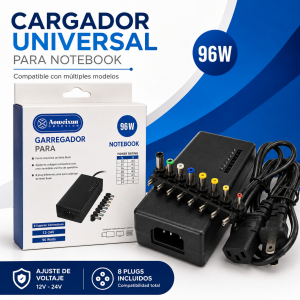 Cargador para notebook de 96W con conectores intercambiables, ideal para distintos equipos portátiles. Venta por mayoreo