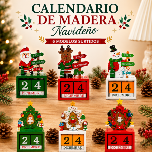 Calendario de madera con diseños navideños y bloques de fecha, modelos surtidos, ideal para decorar en Navidad. Venta por mayoreo