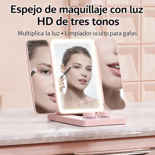 Espejo de maquillaje con luz LED plegable y portátil ideal para tocador o viajes. Diseño moderno, práctico y ligero para venta por mayoreo. HZJ38