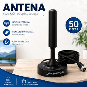 Antena MITZU con base y cable de conexión, ideal para instalación y recepción de señal. Venta por mayoreo