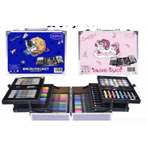 Set de arte de 133 piezas con maletín. Incluye colores, crayones, plumones y acuarelas. Ideal para niños. Venta por mayoreo 