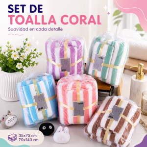 Set de 2 toallas coral en colores surtidos, medidas 35x75 cm y 70x140 cm. Ideal para tienda en línea y negocio. Venta por mayoreo