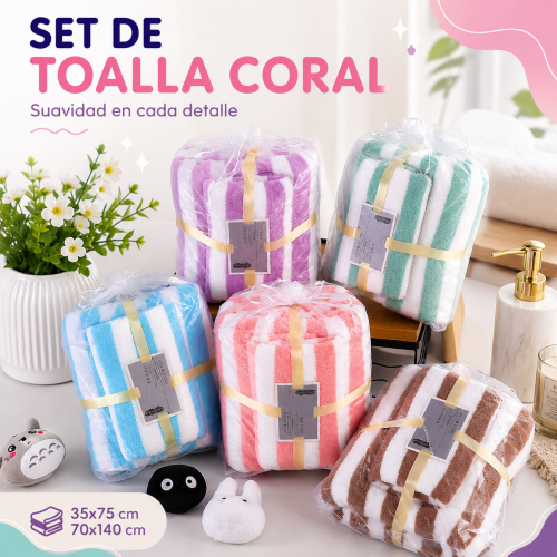 Set de 2 toallas coral en colores surtidos, medidas 35x75 cm y 70x140 cm. Ideal para tienda en línea y negocio. Venta por mayoreo
