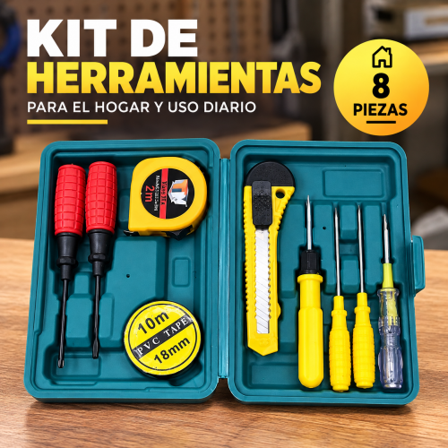 Kit de herramientas con desarmadores, cinta métrica, cúter, cinta y estuche organizador, ideal para tareas básicas del hogar. Venta por mayoreo