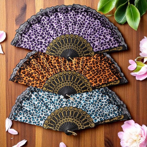 Abanico de encaje con estampado de leopardo, 6 colores mezclados  al por mayor JJYP519