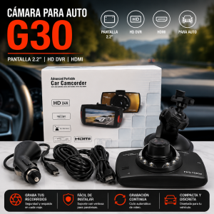 Cámara para auto modelo G30 con pantalla de 2.2", tipo HD DVR y conexión HDMI. Venta por mayoreo