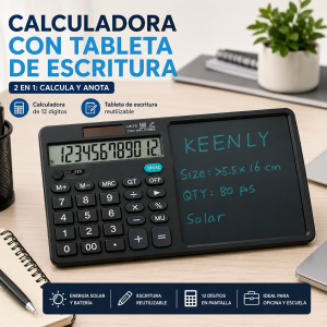 Calculadora con tableta de escritura integrada tipo notepad, ideal para oficina y escuela; práctica para calcular y anotar al instante. Venta por mayoreo