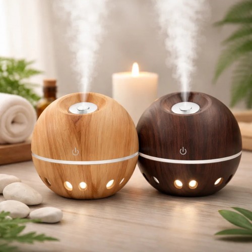Humidificador esférico con luz led, conexión USB, diseño elegante, colores variados estilo madera, venta al por mayor, JSQ-1808