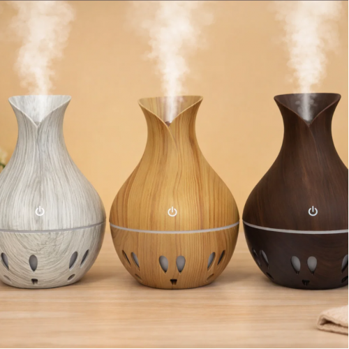 Humidificador ultrasónico aromatizador tipo jarrón con luz LED efecto madera para hogar oficina y dormitorio JSQ-1810 Venta al por mayor