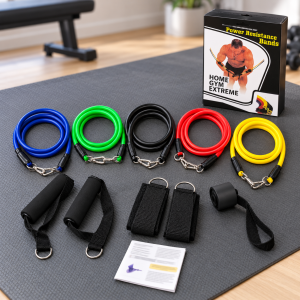 Set de 5 Ligas de Resistencia para Ejercicio en Colores Surtidos con Asas y Accesorios – Por Mayoreo