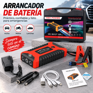 Arrancador de batería con pinzas, cables y estuche, ideal para apoyo de emergencia vehicular. Venta por mayoreo