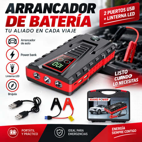 Arrancador de batería con 2 puertos USB, linterna LED, brújula y pinzas, ideal para emergencias vehiculares. Venta por mayoreo Arrancador de batería con 2 puertos USB, linterna LED, brújula y pinzas, ideal para emergencias vehiculares. Venta por mayoreo