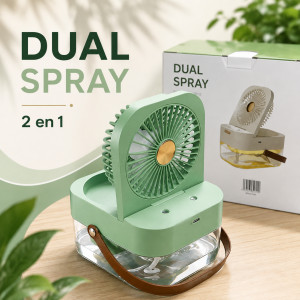 Ventilador portátil Dual Spray 2 en 1, ideal para uso personal en interiores. Venta por mayoreo