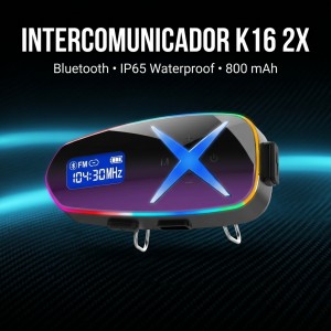 Auriculares Bluetooth K16 2X para casco de moto. Pantalla digital, batería de 800 mAh y protección IP65. Venta al por mayor 