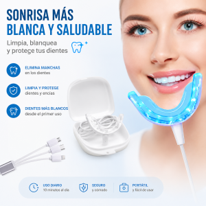 Aparato blanqueador dental LED con molde bucal. Ideal para cuidado personal en casa. Diseño práctico. Venta por mayoreo