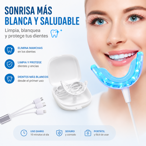 Aparato blanqueador dental LED con molde bucal. Ideal para cuidado personal en casa. Diseño práctico. Venta por mayoreo