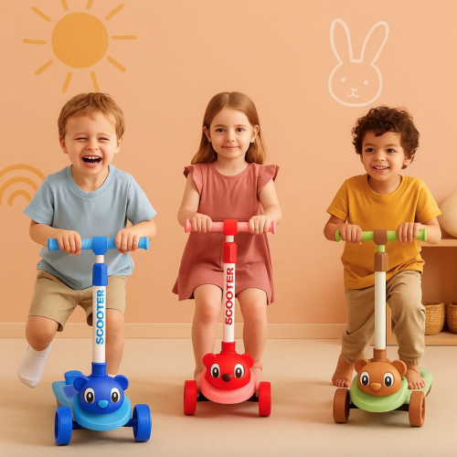 Scooter infantil de 3 ruedas con diseño de animalitos y colores variados, para niños. Venta por mayoreo KL-004