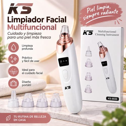 Limpiador facial multifuncional con distintas boquillas, ideal para rutina de cuidado facial. Venta por mayoreo