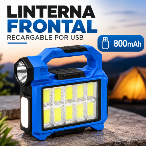 Linterna frontal recargable por USB modelo LAM-915-10 con batería de 800 mAh, ideal para iluminación portátil. Venta por mayoreo
