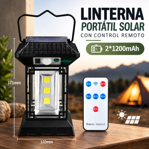 Linterna portátil solar con control remoto y capacidad de 1200 mAh, ideal para iluminación portátil. Venta por mayoreo