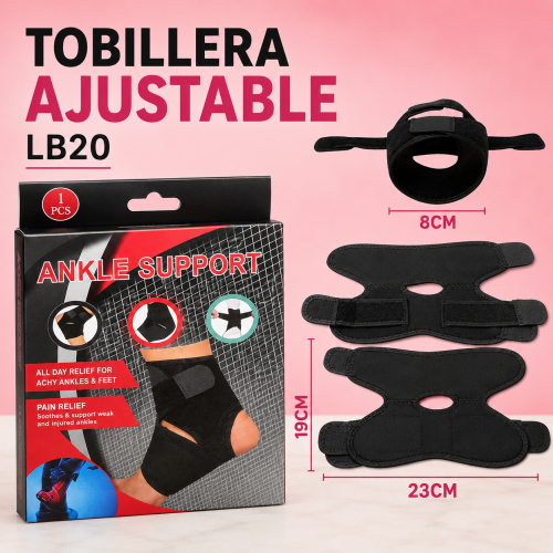 Tobillera ajustable de compresión que brinda soporte y estabilidad al tobillo. Ideal para aliviar molestias, prevenir lesiones y mejorar la recuperación durante actividades deportivas o uso diario. LB20
