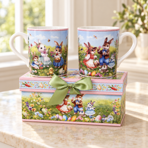 Set de 2 Tazas Tipo Mug de 220 ml con Diseño de Conejos y Caja de Regalo. Por Mayoreo