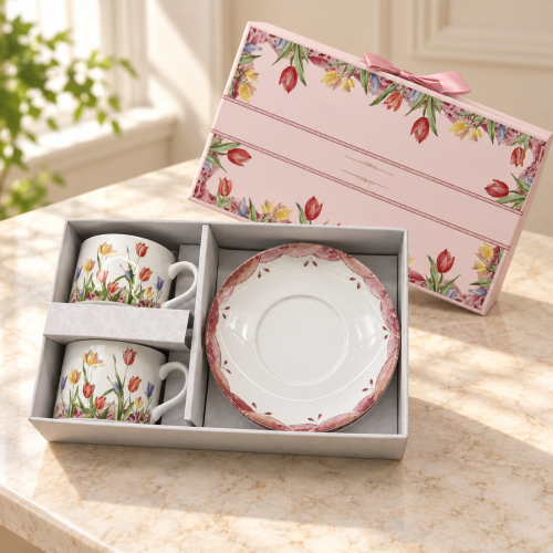 Set de 2 Tazas de 160 ml con 2 Platillos, Diseño Floral Multicolor y Caja de Regalo Por Mayoreo