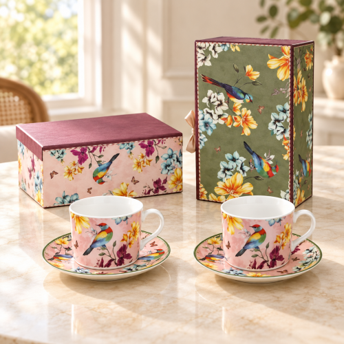 Set de 2 Tazas de 160 ml con 2 Platillos, Diseño Decorativo Multicolor y Caja de Regalo. Por mayoreo