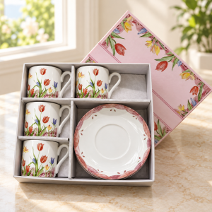 Set de 4 Tazas de 100 ml con 4 Platillos, Diseño de Mariposas y Caja de Regalo Por Mayoreo