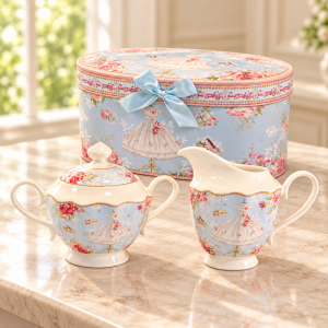 Set Decorativo de Azucarera de 400 ml y Lechera de 330 ml con Diseño Floral y Caja de Regalo– Por Mayoreo