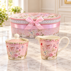 Set de Azucarera de 350 ml y Lechera de 300 ml con Diseño Floral Rosa y Caja de Regalo Por Mayoreo