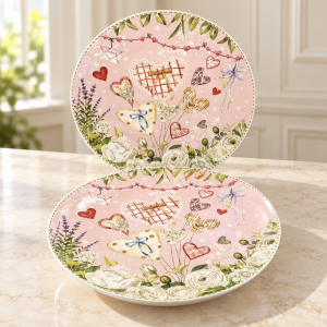 Set de 2 Platos de 10.5 Pulgadas con Diseño Floral y Aves, Caja de Regalo – Por Mayoreo