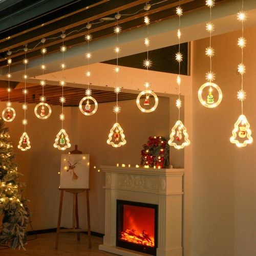 Cortina de luces LED cálidas con figuras de Navidad en forma de pinos y esferas con Santa Claus. Ideal para decorar ventanas, paredes, salas, oficinas y escaparates