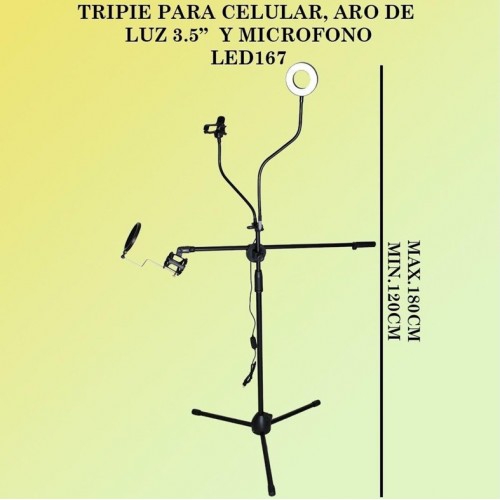 Tripie para celular, aro de luz y micrófono LED167