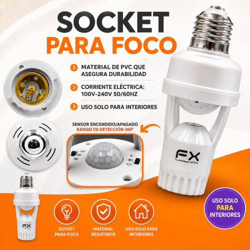 Socket para foco con sensor de movimiento y detección de 360°. Ideal para iluminación automática en interiores. Venta por mayoreo Socket para foco con sensor de movimiento y detección de 360°. Ideal para iluminación automática en interiores. Venta por mayoreo